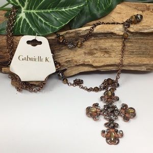 NWT Long Rose Metal Necklace Large Cross Crystals